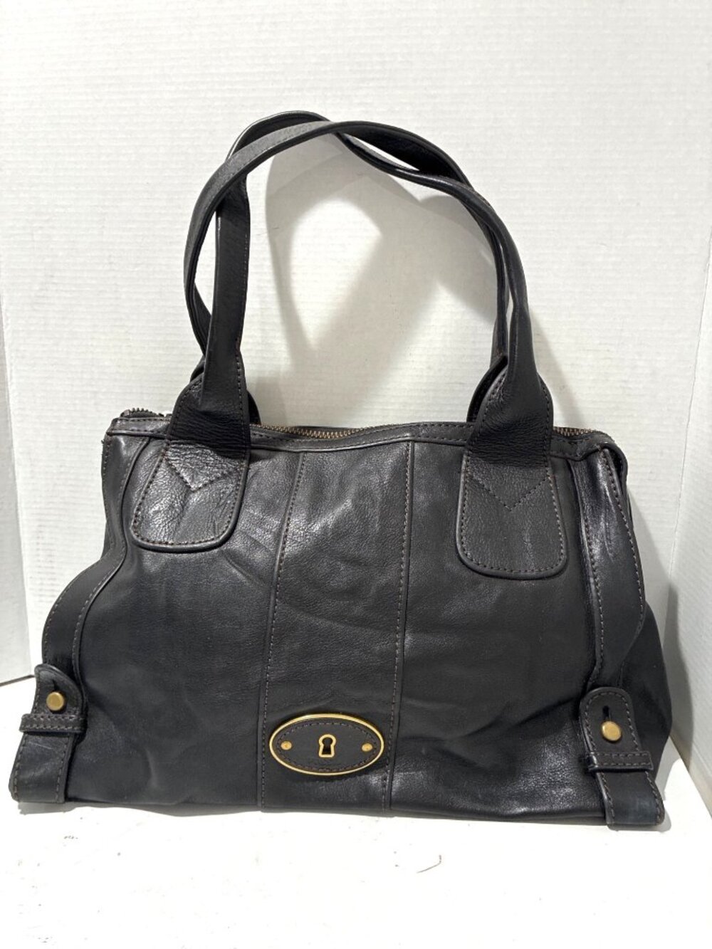 Fossil black leather Vintage Reissue satchel handbag gold-tone keyhole logo